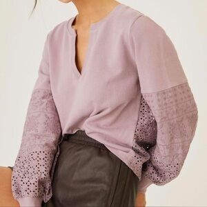 Anthropologie Lavender Eyelet Lace Embroidered Balloon Sleeve Sweatshirt Top C